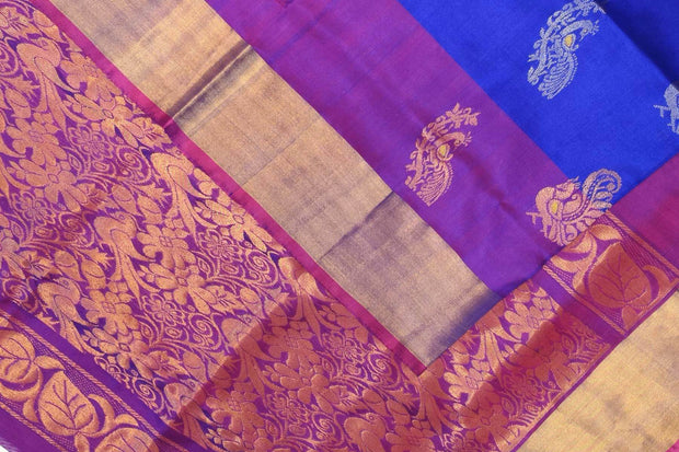 Handwoven Uppada pure silk saree in  blue  with gold & silver motifs