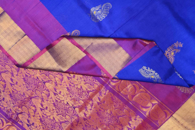 Handwoven Uppada pure silk saree in  blue  with gold & silver motifs
