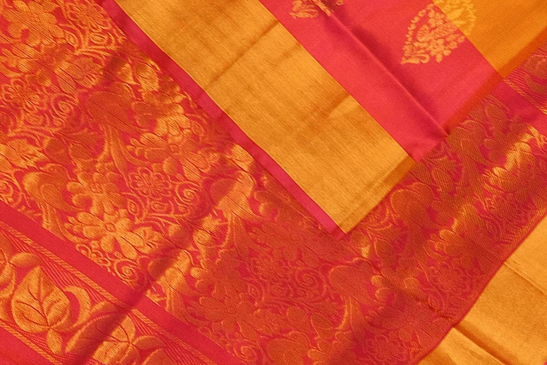 Handwoven Uppada pure silk saree in orange  with gold & silver motifs