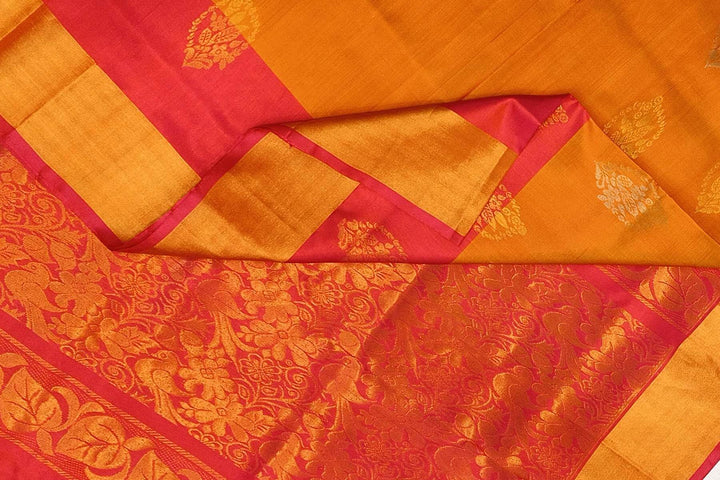 Handwoven Uppada pure silk saree in orange  with gold & silver motifs