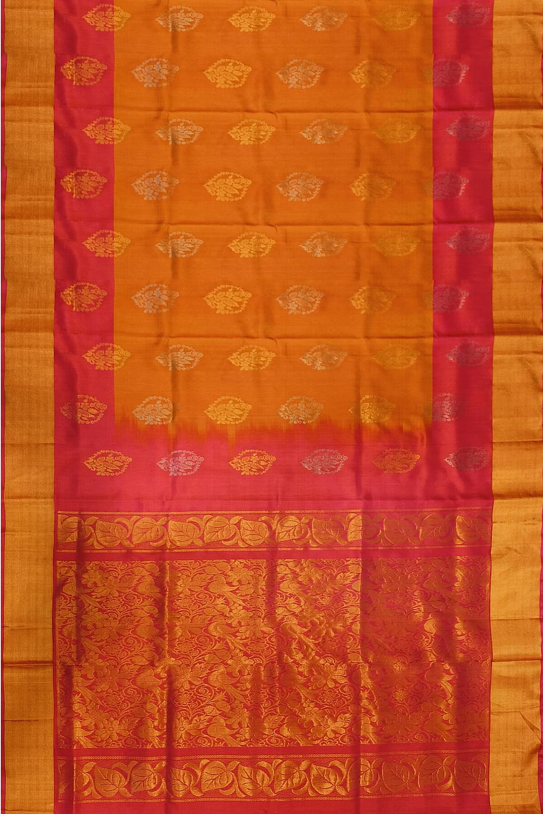 Handwoven Uppada pure silk saree in orange  with gold & silver motifs