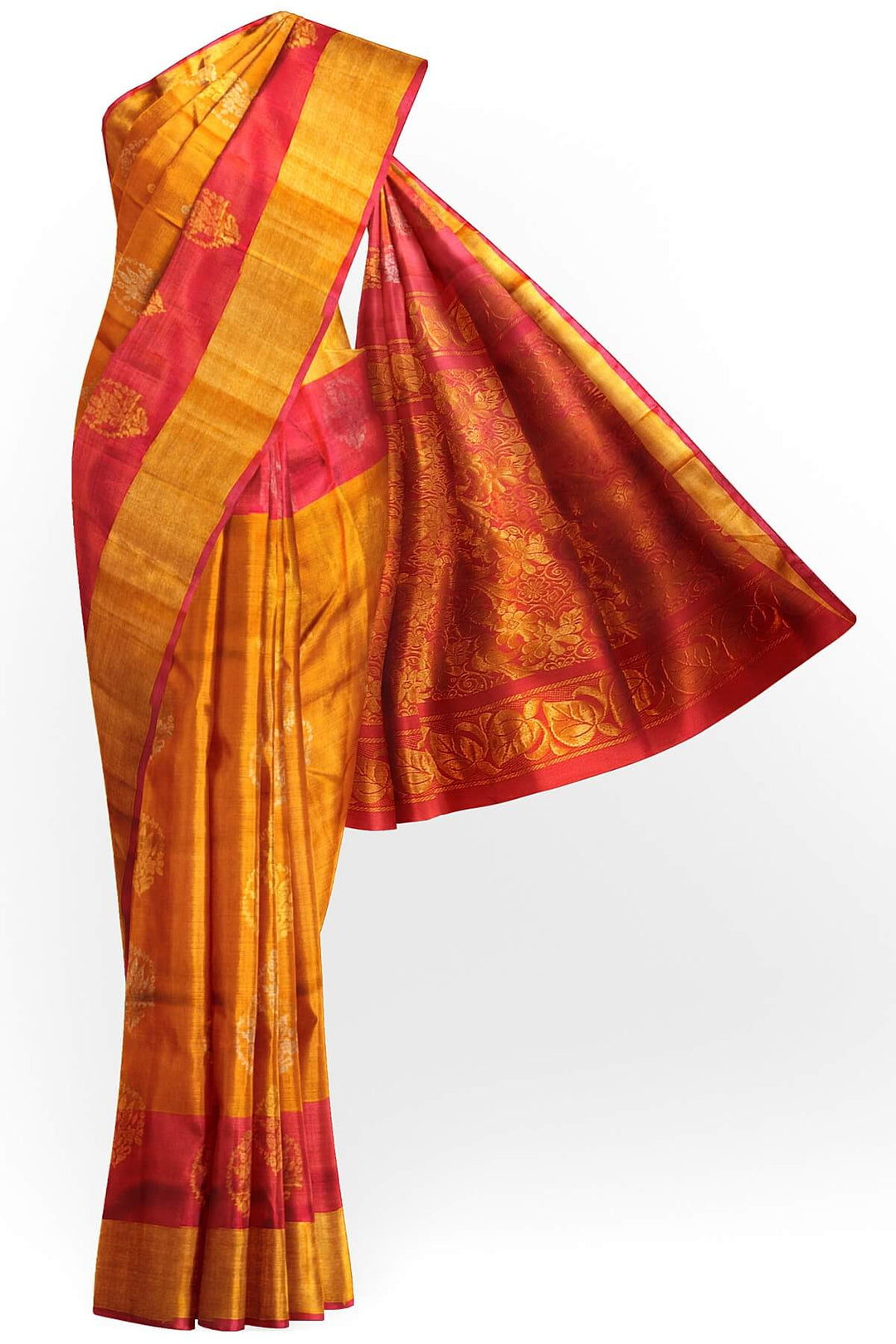 Handwoven Uppada pure silk saree in orange  with gold & silver motifs