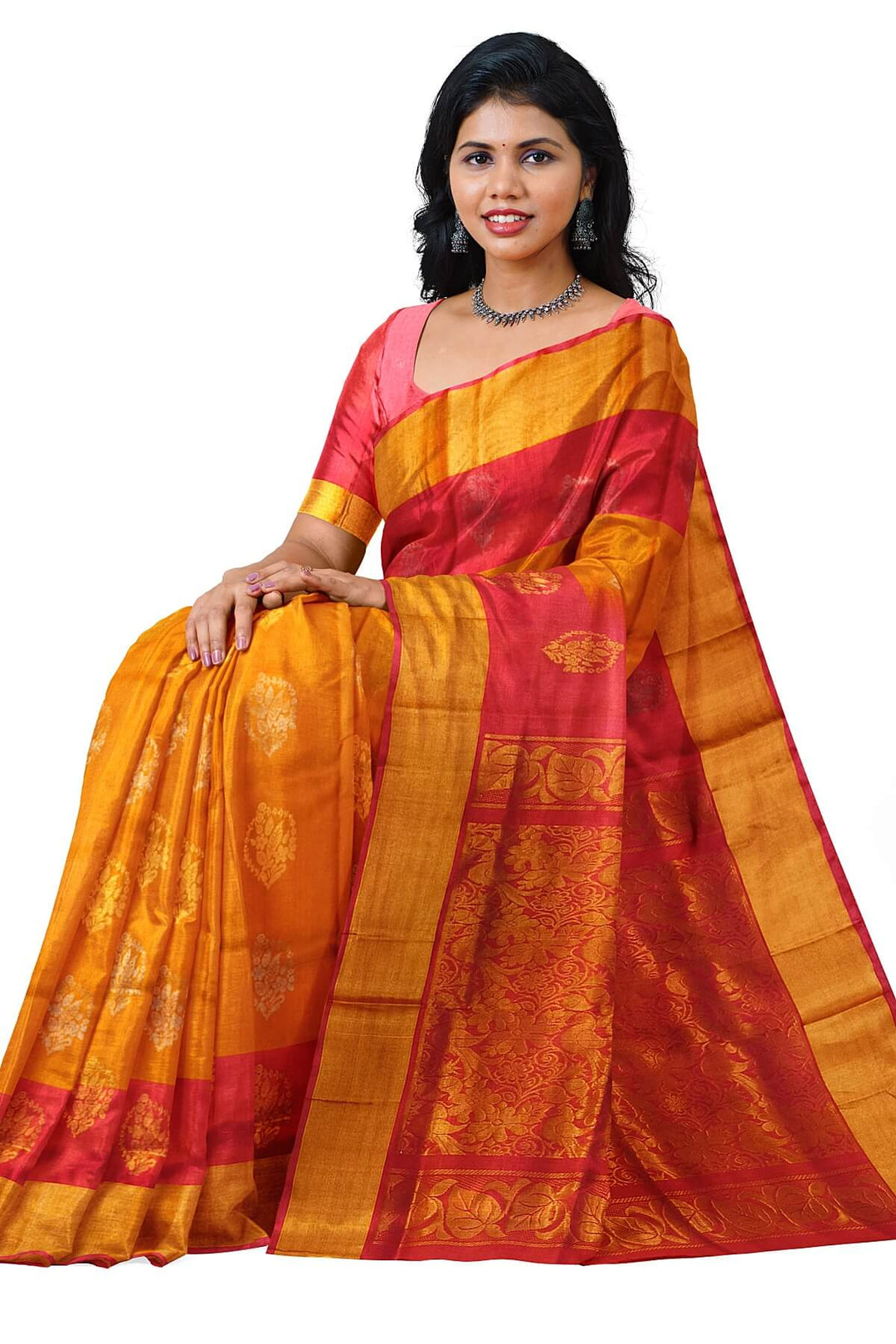Handwoven Uppada pure silk saree in orange  with gold & silver motifs
