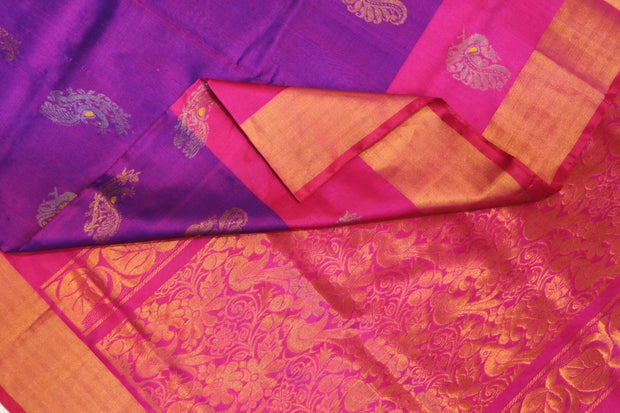 Handwoven Uppada pure silk saree in purple  with gold & silver motifs