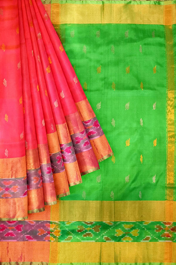 Handwoven Uppada pure silk saree in orangish pink with Pochampally border