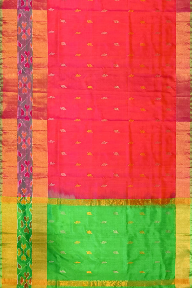 Handwoven Uppada pure silk saree in orangish pink with Pochampally border