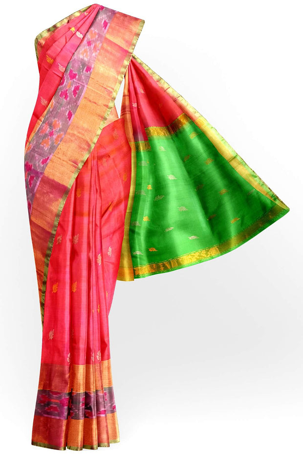 Handwoven Uppada pure silk saree in orangish pink with Pochampally border