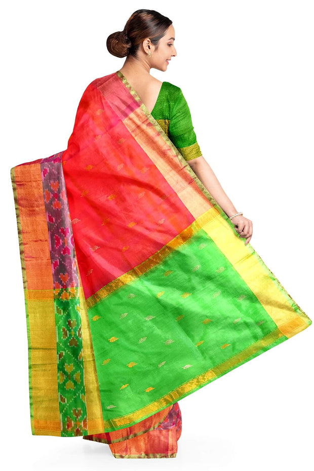 Handwoven Uppada pure silk saree in orangish pink with Pochampally border