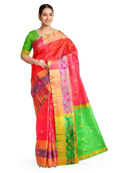 Handwoven Uppada pure silk saree in orangish pink with Pochampally border
