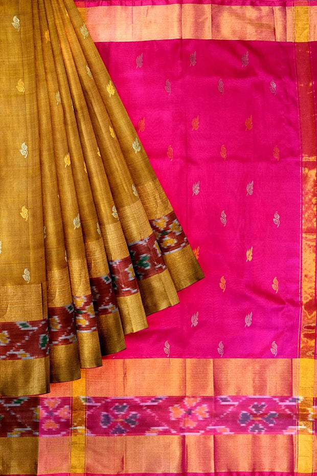 Handwoven Uppada pure silk saree in mehndi green with Pochampally border