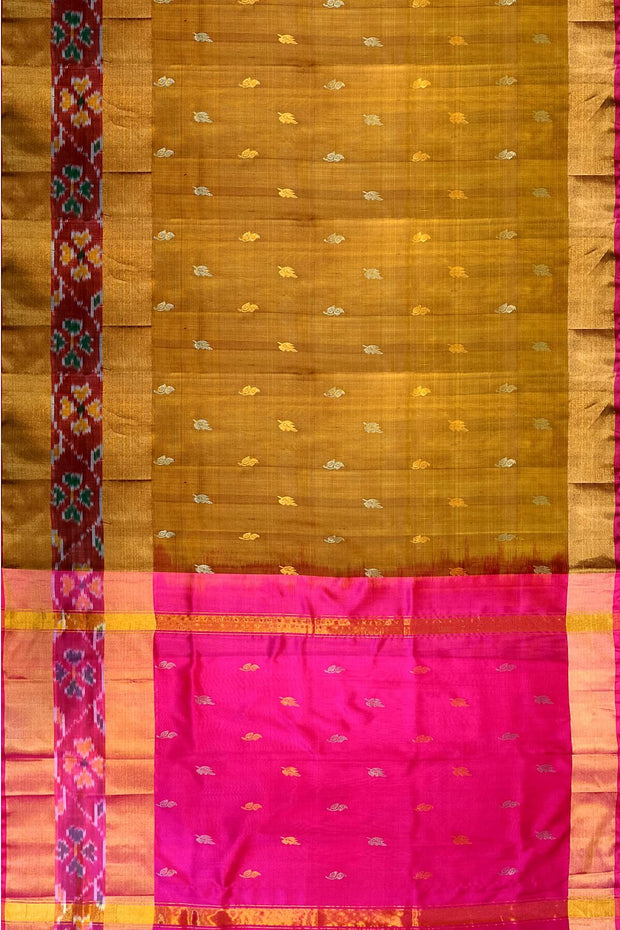 Handwoven Uppada pure silk saree in mehndi green with Pochampally border