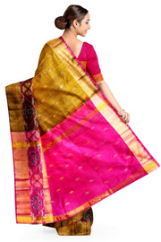 Handwoven Uppada pure silk saree in mehndi green with Pochampally border