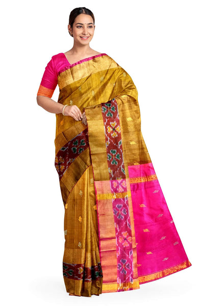 Handwoven Uppada pure silk saree in mehndi green with Pochampally border