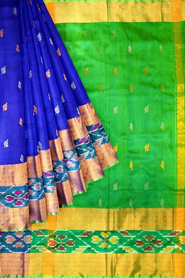 Handwoven Uppada pure silk saree in royal blue with Pochampally border