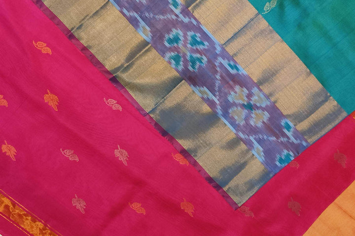 Handwoven Uppada pure silk saree in teal blue with Pochampally border