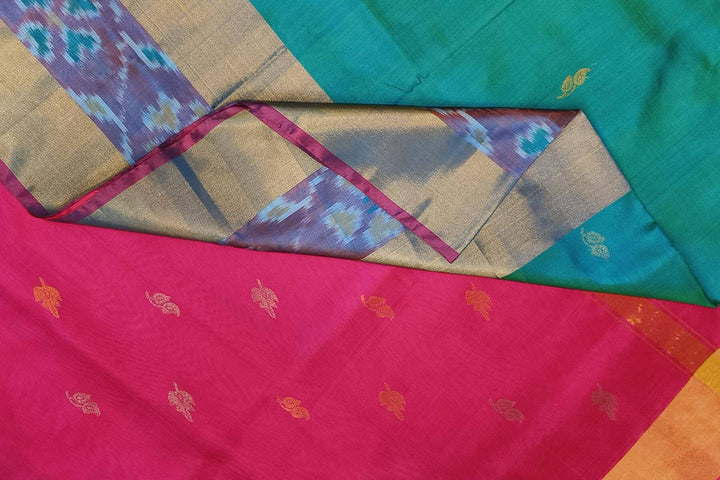 Handwoven Uppada pure silk saree in teal blue with Pochampally border
