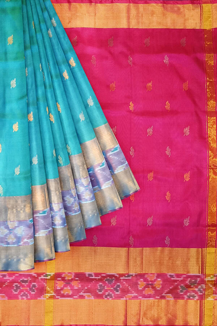 Handwoven Uppada pure silk saree in teal blue with Pochampally border