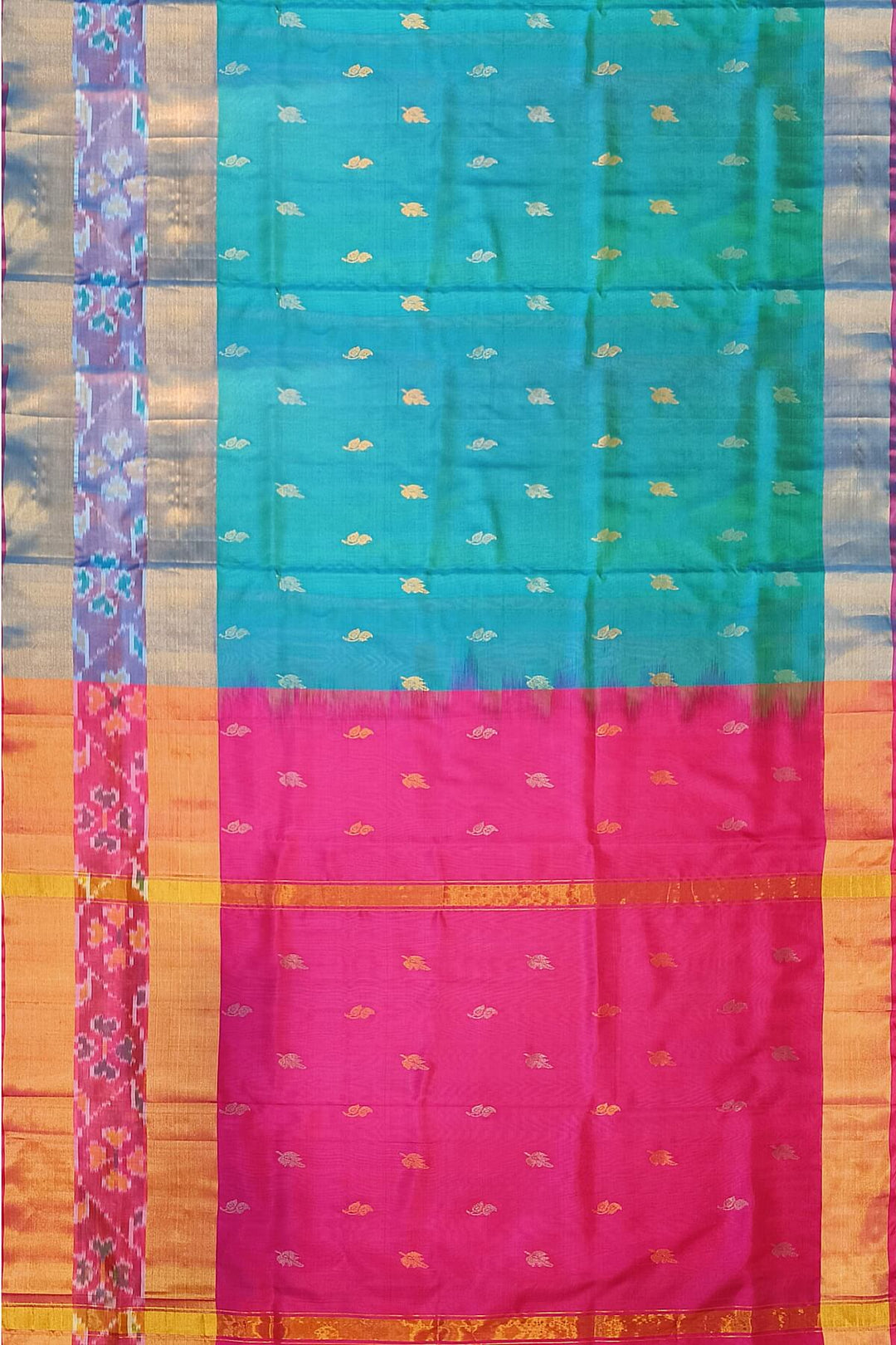 Handwoven Uppada pure silk saree in teal blue with Pochampally border