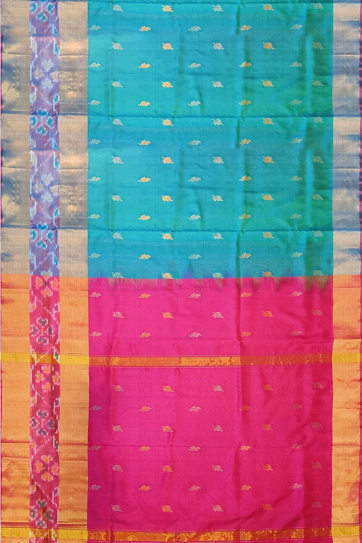 Handwoven Uppada pure silk saree in teal blue with Pochampally border