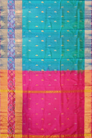 Handwoven Uppada pure silk saree in teal blue with Pochampally border