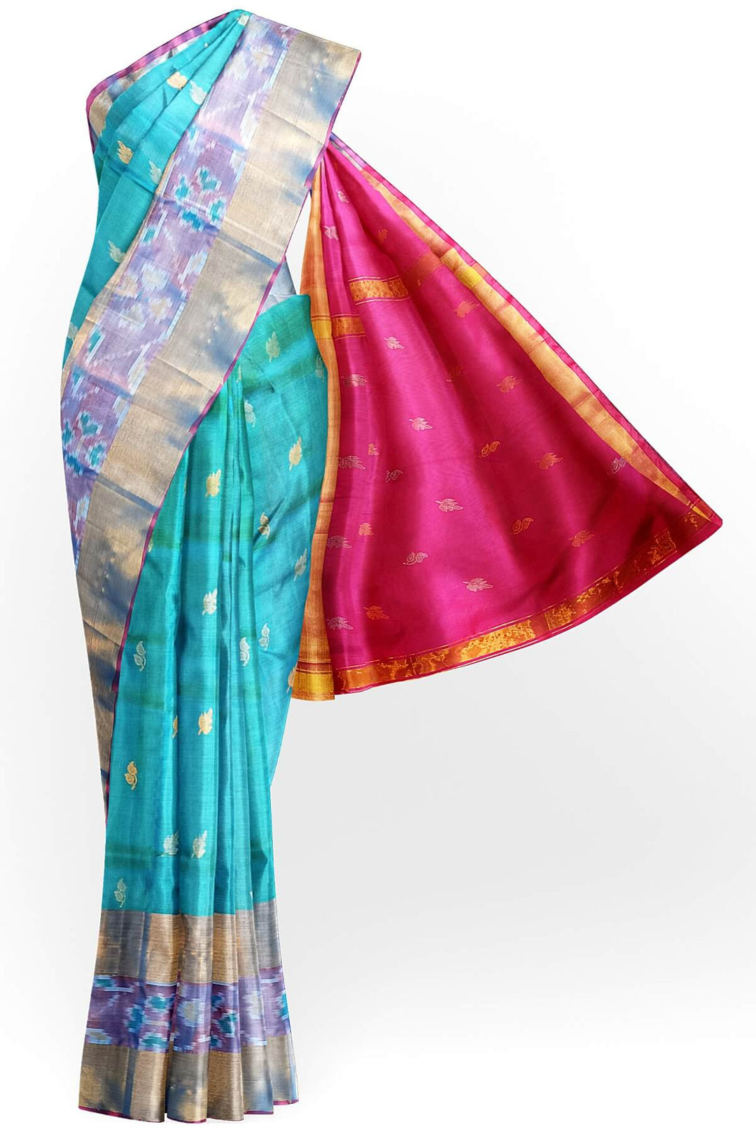 Handwoven Uppada pure silk saree in teal blue with Pochampally border