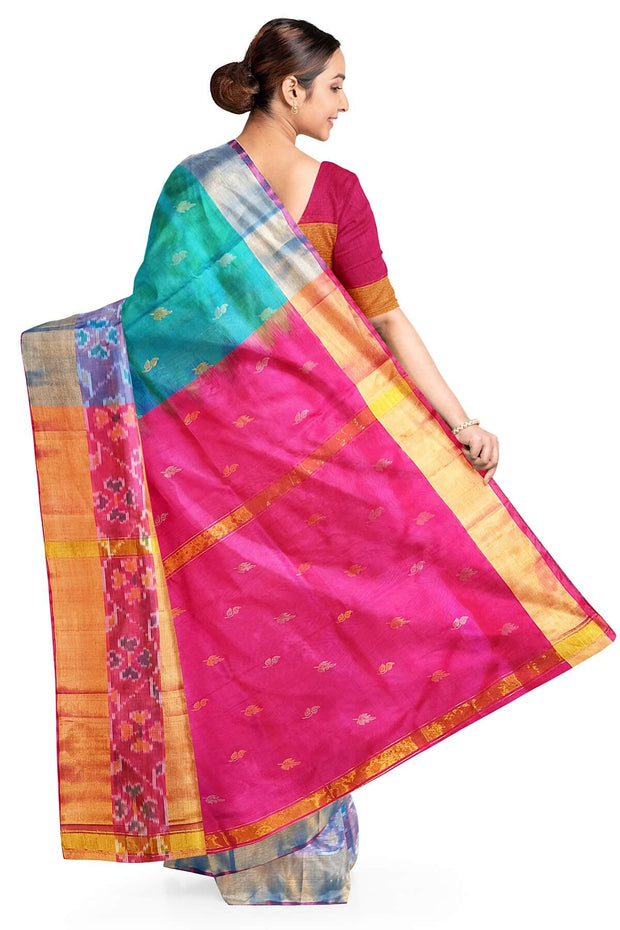 Handwoven Uppada pure silk saree in teal blue with Pochampally border