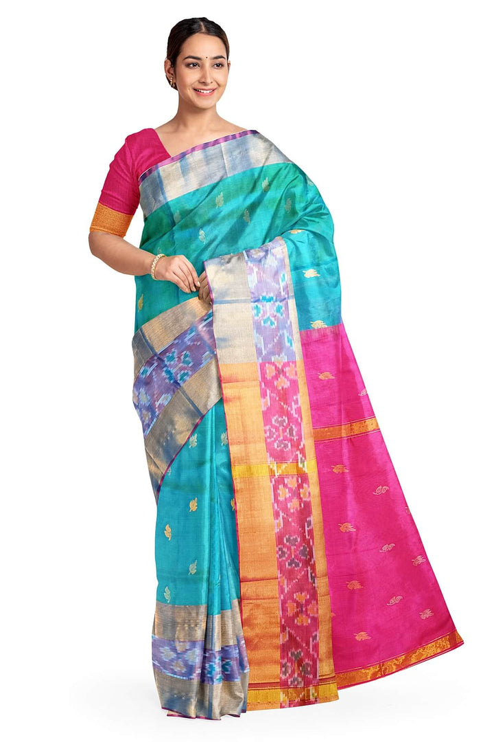 Handwoven Uppada pure silk saree in teal blue with Pochampally border