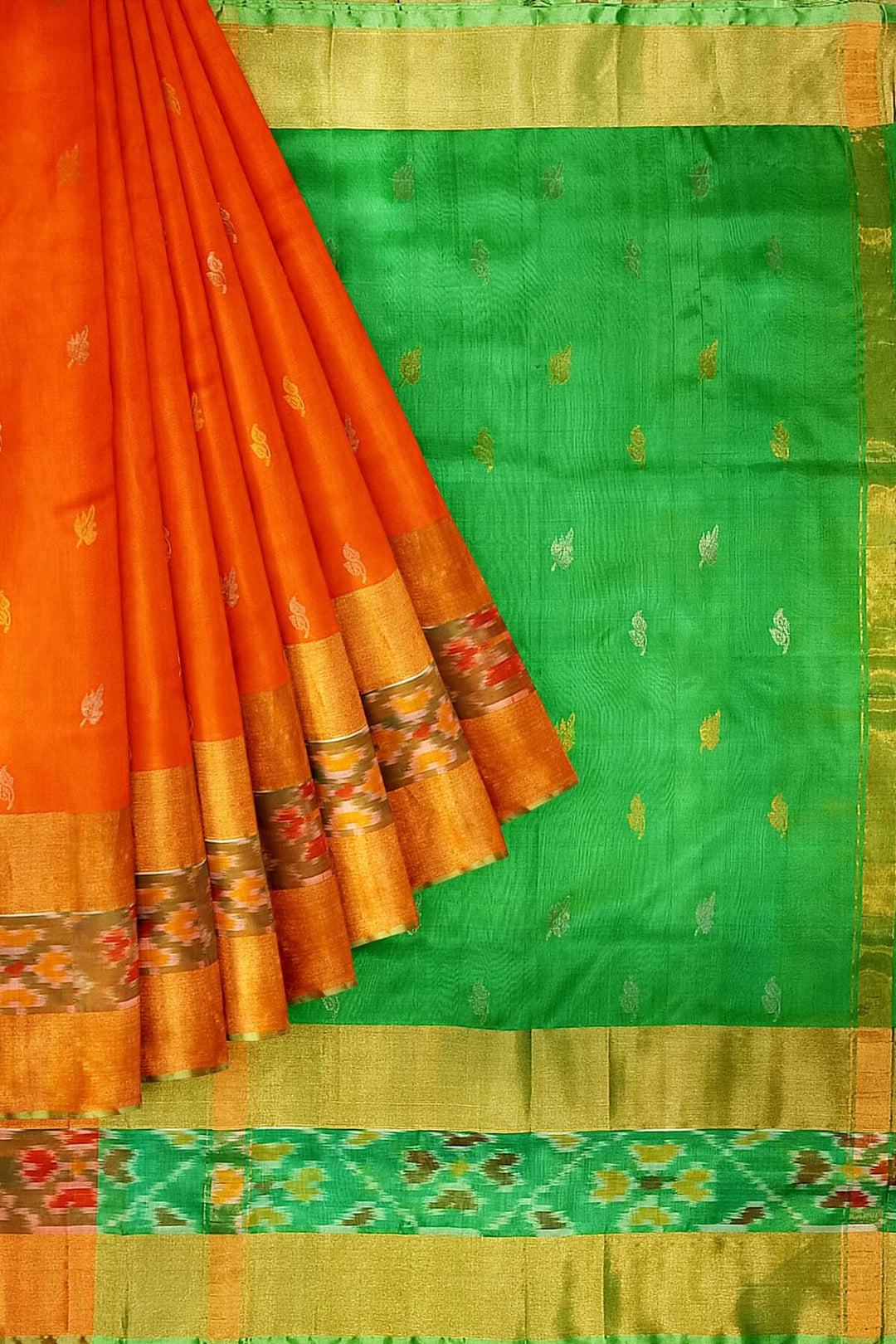 Handwoven Uppada pure silk saree in orange with Pochampally border