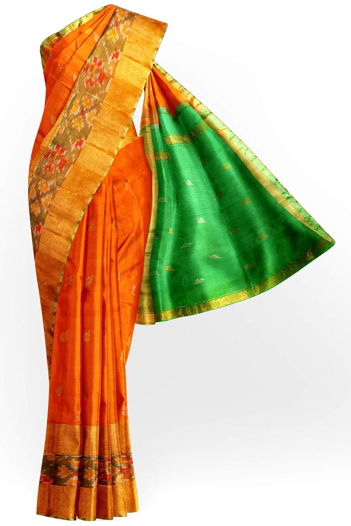 Handwoven Uppada pure silk saree in orange with Pochampally border