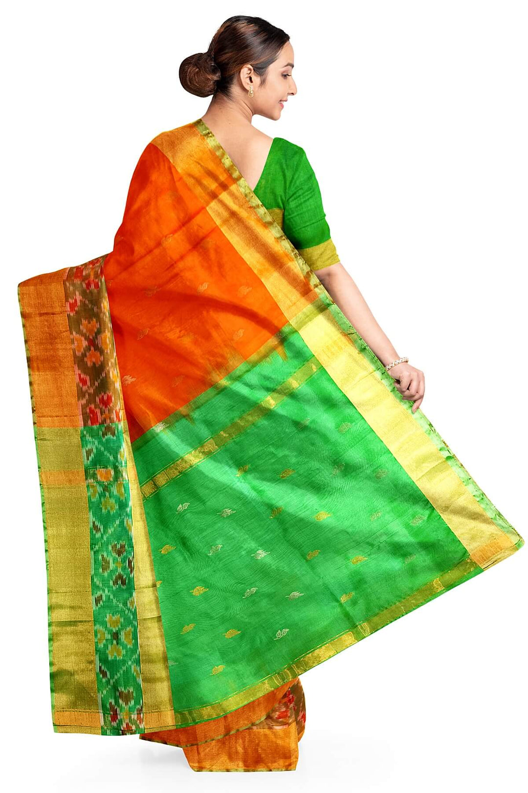 Handwoven Uppada pure silk saree in orange with Pochampally border
