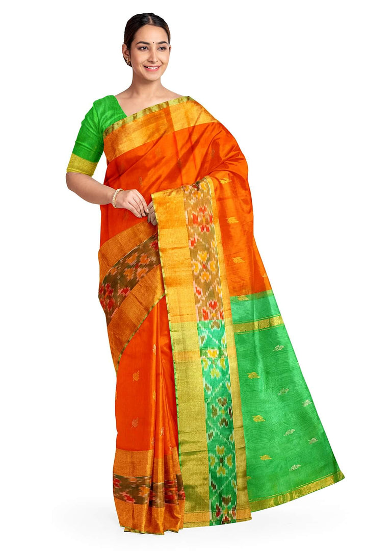 Handwoven Uppada pure silk saree in orange with Pochampally border