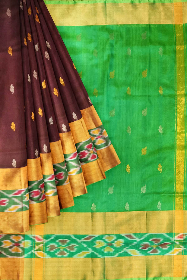 Handwoven Uppada pure silk saree in brown with Pochampally border