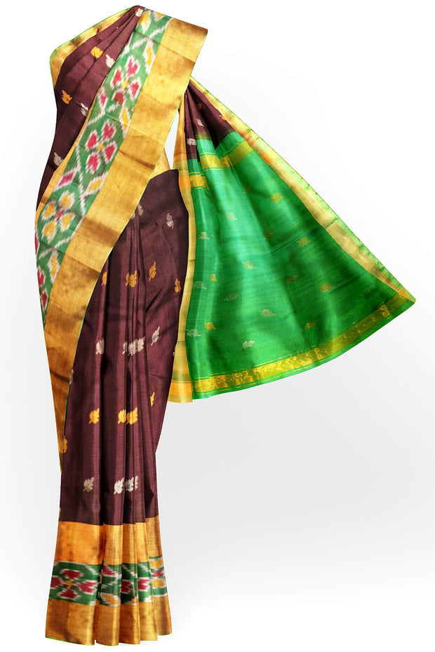 Handwoven Uppada pure silk saree in brown with Pochampally border