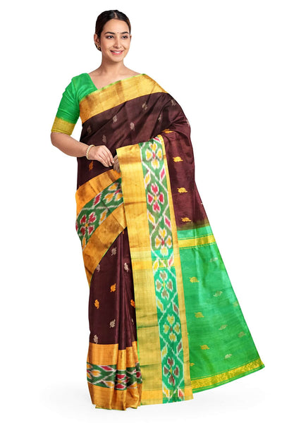 Handwoven Uppada pure silk saree in brown with Pochampally border