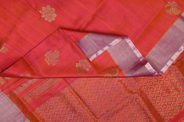 Handwoven Uppada pure silk saree in orangish pink with floral motifs