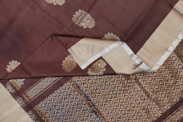 Handwoven Uppada pure silk saree in coffee brown with floral motifs