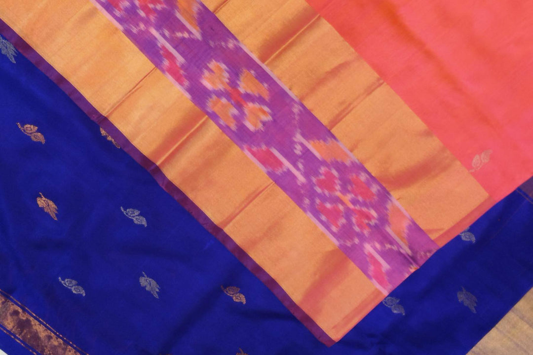 Handwoven Uppada pure silk saree in orangish pink with Pochampally border
