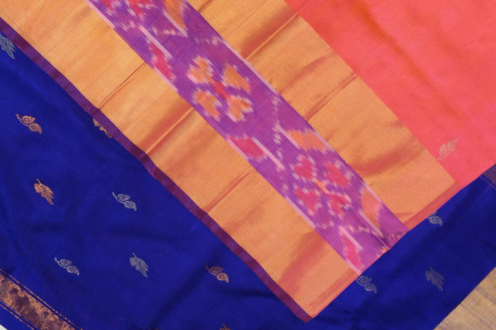 Handwoven Uppada pure silk saree in orangish pink with Pochampally border