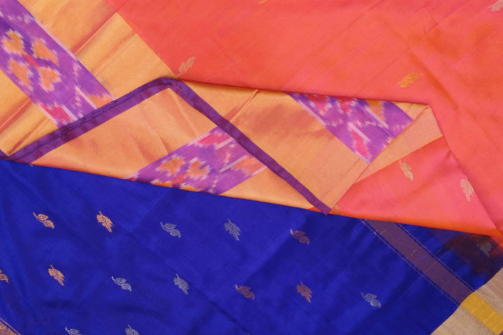 Handwoven Uppada pure silk saree in orangish pink with Pochampally border