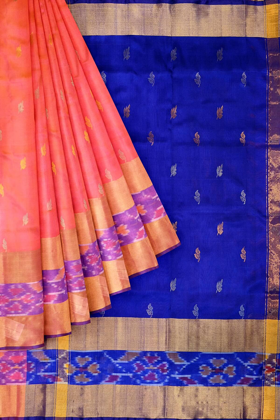 Handwoven Uppada pure silk saree in orangish pink with Pochampally border