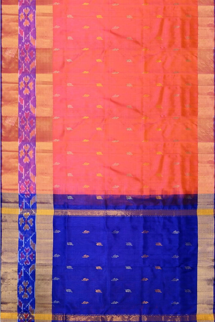 Handwoven Uppada pure silk saree in orangish pink with Pochampally border