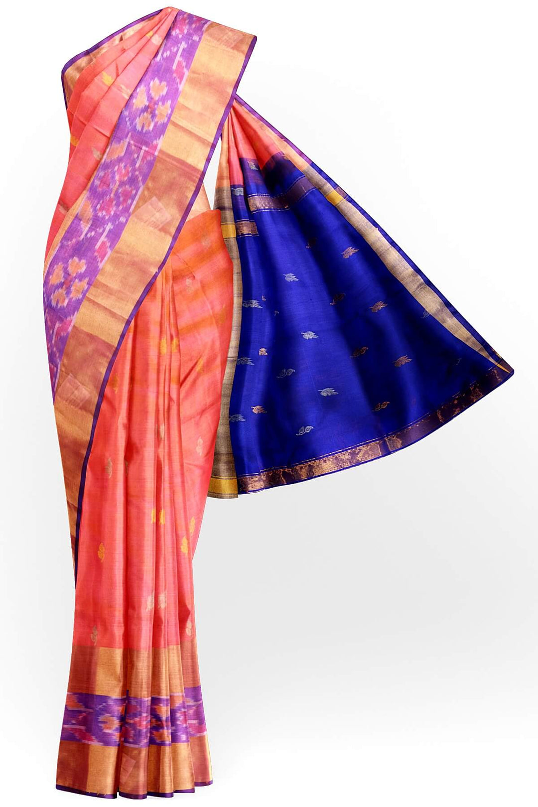 Handwoven Uppada pure silk saree in orangish pink with Pochampally border