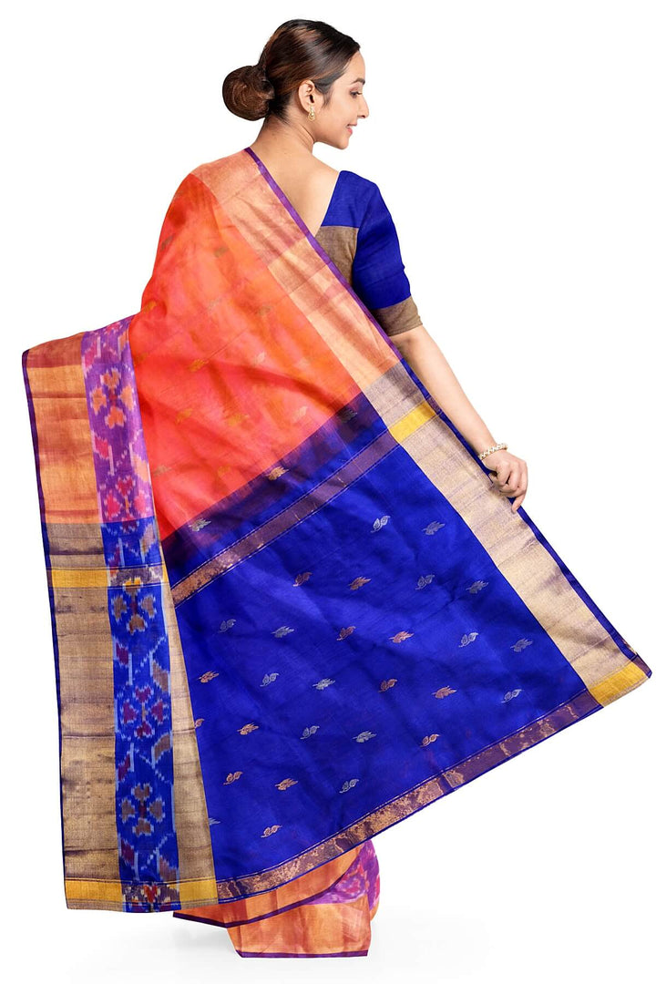 Handwoven Uppada pure silk saree in orangish pink with Pochampally border