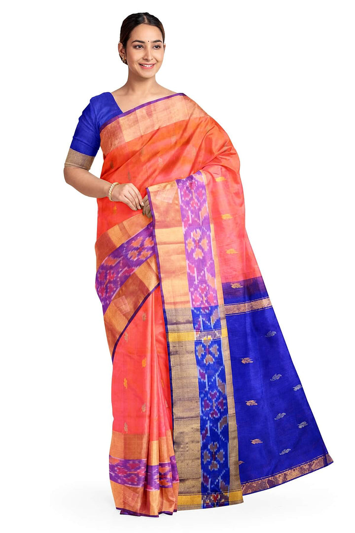 Handwoven Uppada pure silk saree in orangish pink with Pochampally border