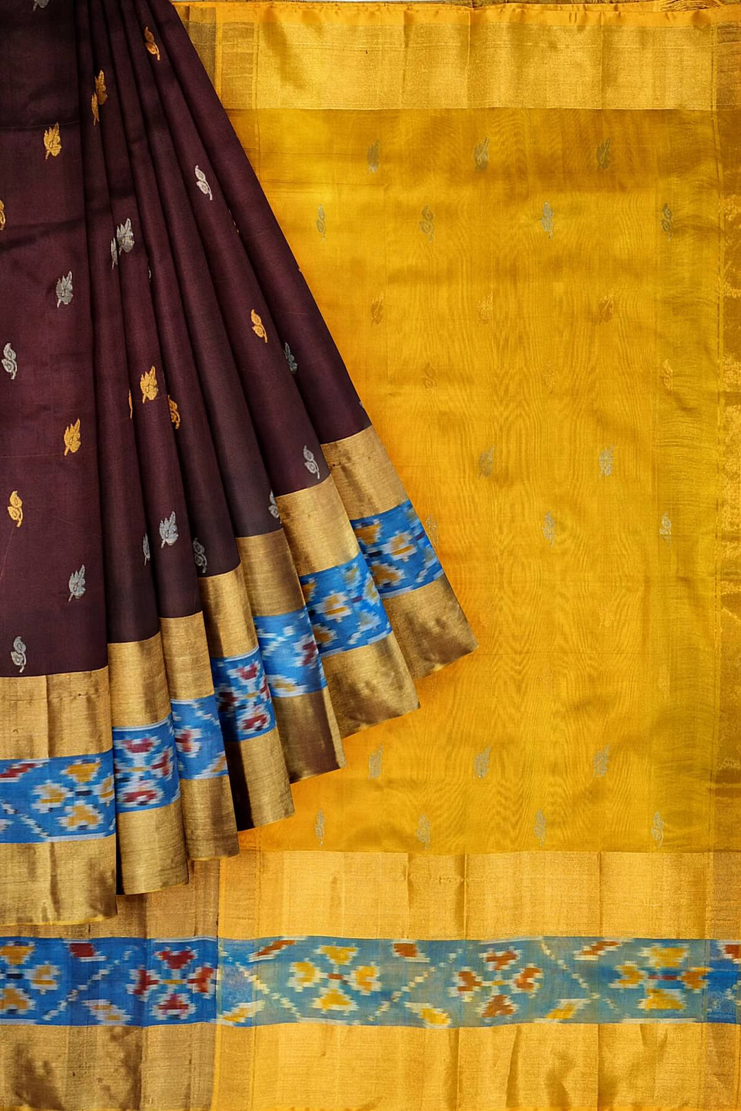 Handwoven Uppada pure silk saree in coffee brown with Pochampally border