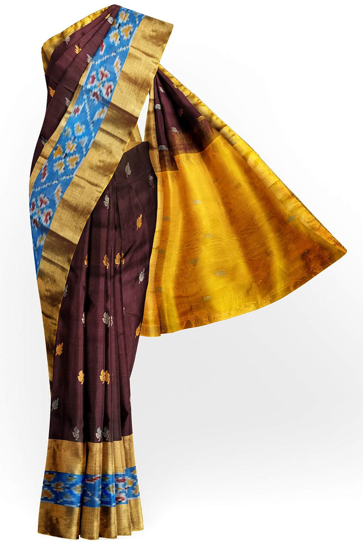 Handwoven Uppada pure silk saree in coffee brown with Pochampally border