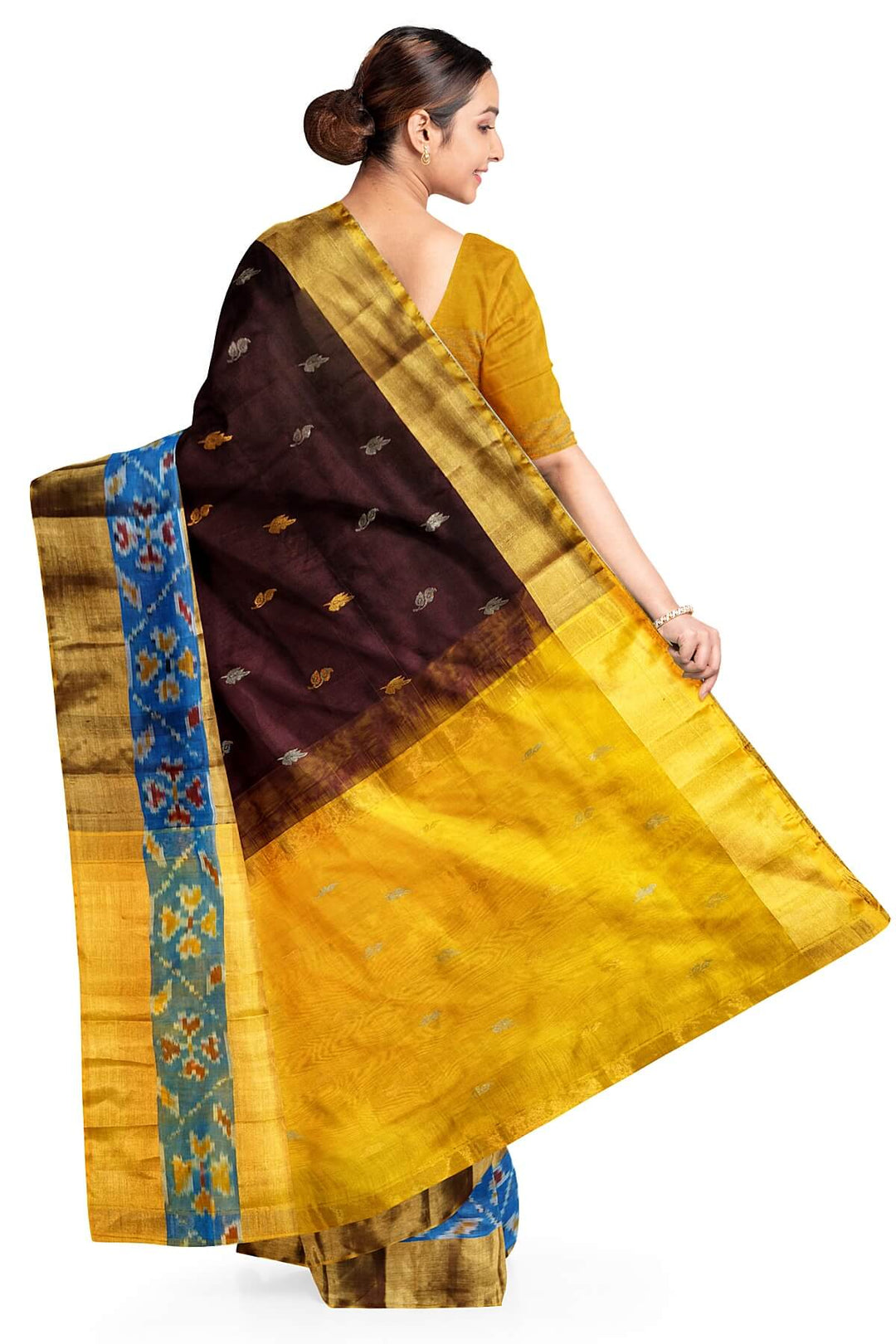 Handwoven Uppada pure silk saree in coffee brown with Pochampally border