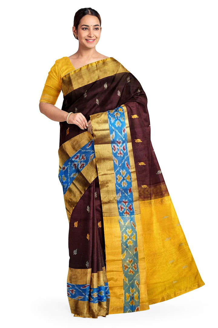 Handwoven Uppada pure silk saree in coffee brown with Pochampally border