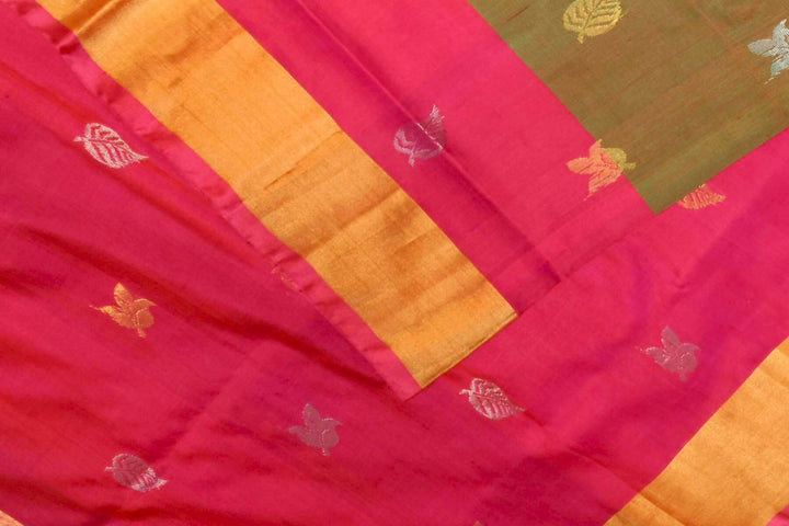 Handwoven Uppada pure silk saree in  two tone olive green with gold & silver motifs