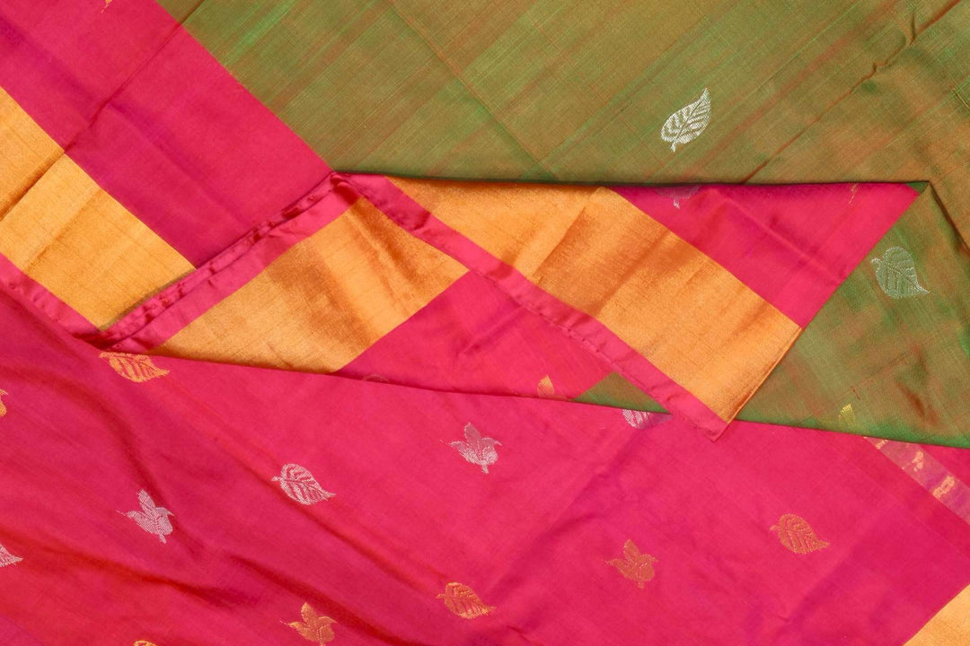 Handwoven Uppada pure silk saree in  two tone olive green with gold & silver motifs